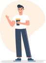 Flat vector illustration. A young guy stands with a glass of coffee in his hands and staggers into the camera. The Royalty Free Stock Photo