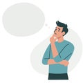Flat vector illustration. Young man thinking about something, pensive pose. Speech bubble and space for your text Royalty Free Stock Photo