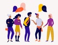 Flat vector illustration with young people characters with colorful dialog speech bubbles. Discussing, chatting, conversation, dia Royalty Free Stock Photo