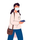 Flat vector illustration of young woman in medical mask with smartphone in hands, protect from virus