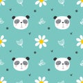 Funny endless hand drawn background with cute panda, flowers and butterfly. Cool vector illustration for kids, babies, fashion