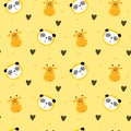 Funny endless hand drawn background with cute panda, giraffe and hearts. Cool vector illustration for kids, babies, fashion