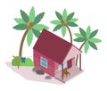 Flat isometric vector composition. Summer vacation on the island with palm trees, bungalow Royalty Free Stock Photo