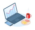 Flat vector isometric concept illustration of office breakfast. Royalty Free Stock Photo