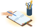 The agenda, hand with pen, desktop organizer. Flat isometric ill