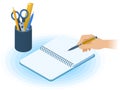 The notebook, hand with pen, desktop organizer. Flat isometric i