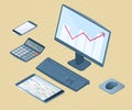 Flat vector isometric illustration of office desk electronic equipment. Royalty Free Stock Photo