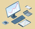 Flat vector isometric illustration of office desktop electronic Royalty Free Stock Photo