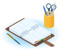 The agenda, pen and desktop organizer. Flat vector isometric ill