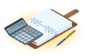 The planner, pen and electronic calculator. Flat vector isometric illustration Royalty Free Stock Photo