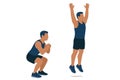 Flat vector jump squat with down and up body positions shown step-by-step, isolated Royalty Free Stock Photo