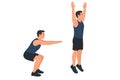 Flat vector jump squat with down and up body positions shown step-by-step, isolated Royalty Free Stock Photo
