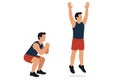 Flat vector jump squat with down and up body positions shown step-by-step, isolated Royalty Free Stock Photo