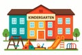 Flat vector kindergarten with playground in front and colorful faÃÂ§ade, isolated on white Royalty Free Stock Photo