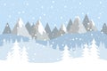 Flat vector landscape with silhouettes of trees, hills and mountains with falling snow