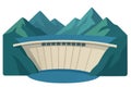 Flat vector large dam with mountains and water retention wall, flat engineering style, isolated Royalty Free Stock Photo