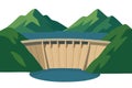 Flat vector large dam with mountains and water retention wall, flat engineering style, isolated Royalty Free Stock Photo