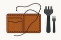 Flat vector leather wallet in progress with punch tools and stitching line, artisanal concept, isolated on white Royalty Free Stock Photo