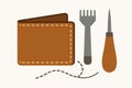 Flat vector leather wallet in progress with punch tools and stitching line, artisanal concept, isolated on white Royalty Free Stock Photo