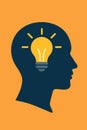 Flat vector light bulb inside head silhouette, representing positive thoughts and self-realization Royalty Free Stock Photo