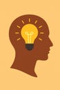 Flat vector light bulb inside head silhouette, representing positive thoughts and self-realization Royalty Free Stock Photo