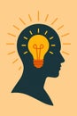 Flat vector light bulb inside head silhouette, representing positive thoughts and self-realization Royalty Free Stock Photo