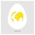 Flat Vector logo white egg with yellow world map. Planet Earth in form of egg yolk on light gray background with copy-space for yo Royalty Free Stock Photo