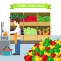 Flat vector man worker agriculture fruit market grocery showcase