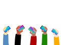 Flat vector many hands holding phones on white background Royalty Free Stock Photo