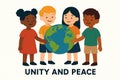Flat vector multicultural kids holding globe together, unity and peace message, isolated on white Royalty Free Stock Photo