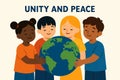 Flat vector multicultural kids holding globe together, unity and peace message, isolated on white Royalty Free Stock Photo