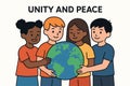 Flat vector multicultural kids holding globe together, unity and peace message, isolated on white Royalty Free Stock Photo