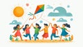 Multicultural kids playing with a kite, teamwork, fun, outdoor activity, vibrant isolated design, flat art style Royalty Free Stock Photo