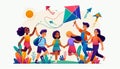 Multicultural kids playing with a kite, teamwork, fun, outdoor activity, vibrant isolated design, flat art style Royalty Free Stock Photo