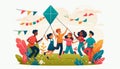 Multicultural kids playing with a kite, teamwork, fun, outdoor activity, vibrant isolated design, flat art style Royalty Free Stock Photo
