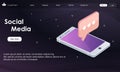 Flat vector neon website template and landing page design of smartphone with speech bubble message from friends Royalty Free Stock Photo