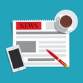 News concept. Newspaper, cup of coffee, smart phone and pen Royalty Free Stock Photo