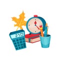 Flat vector objects related to education theme. Back to school. Calculator, alarm clock, cup with pen and pencil, book