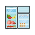 Flat vector of open fridge with food and drinks. Fresh fruits, vegetables and meat products, eggs and bottles of juice Royalty Free Stock Photo