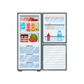 Flat vector of open fridge full of products. Food storage. Kitchen refrigerator with freezers