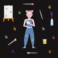 Flat vector painting tools in childish style. Hand drawn art supplies, easel, girl, palette, paint brush