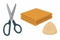 Flat vector pair of scissors, folded fabric, and chalk, sewing tools collection, isolated on white Royalty Free Stock Photo