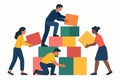 Flat vector people building a structure with colorful blocks, collaboration in progress, isolated on white Royalty Free Stock Photo