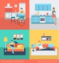 Flat vector people at home interior in kitchen, living room sofa