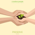 Flat vector preserve save nature ecology growing plant hands