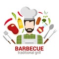 Flat vector professional cook: restaurant barbecue grill icon