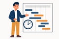 Flat vector project manager standing beside Gantt chart with task bars, time management, isolated Royalty Free Stock Photo