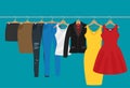 Flat vector racks with clothes on hangers