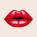Flat Vector Red Female Lips Icon Closeup. Woman Lips Giving Kisses. Kiss, Love, Sexy and Beauty Concept. Modern Pop Art
