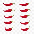 Flat Vector Red Whole Fresh and Hot Chili Pepper Icon Set Closeup Isolated. Spicy Chili Hot or Bell Pepper Collection